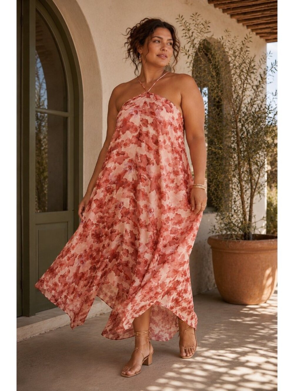 Lulus Dezzi Maxi Dress Sz Large Blush Floral Halter Boho Sundress Resortwear